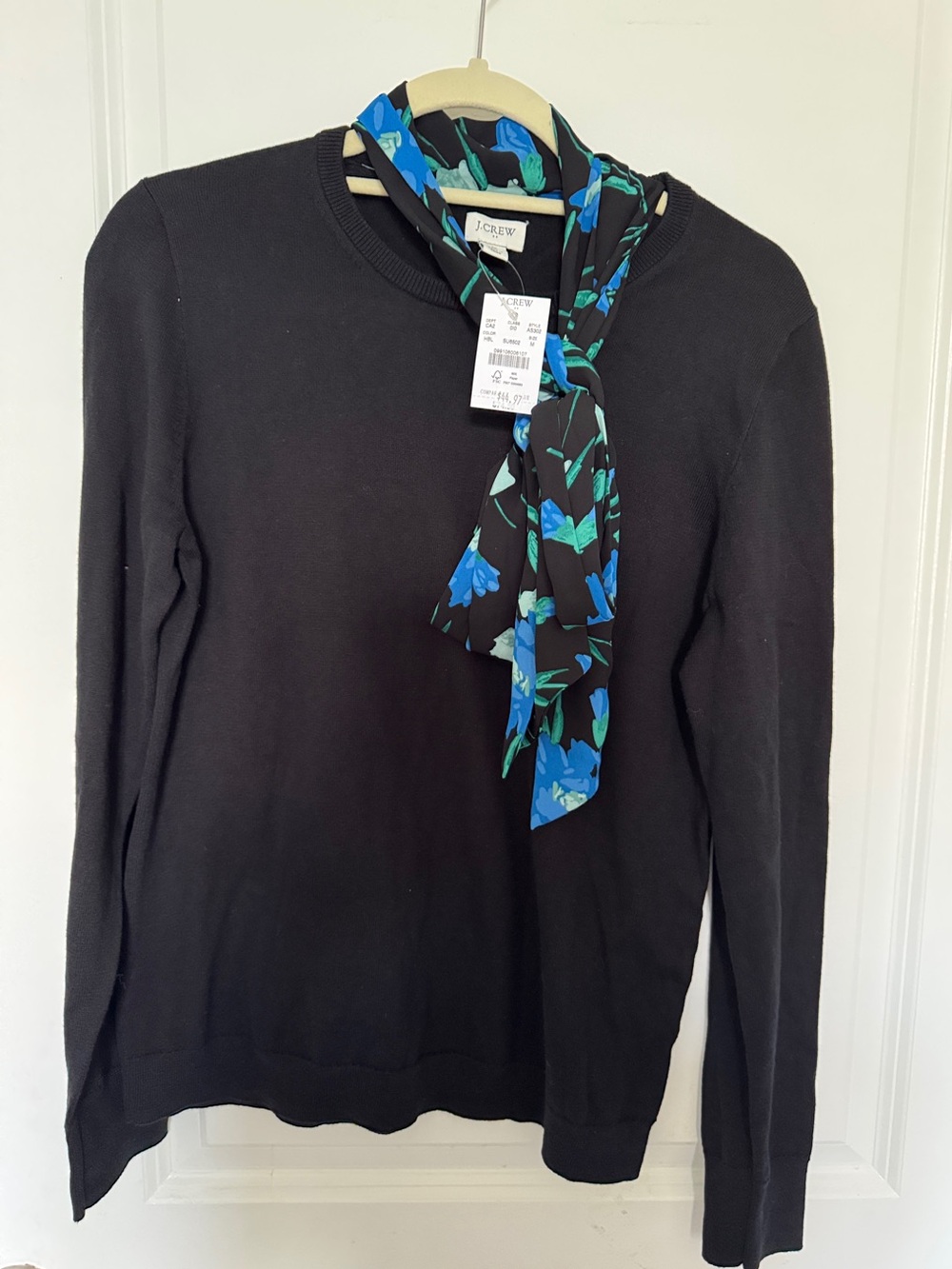 J. Crew Black Sweater with Blue and Green Floral Scarf